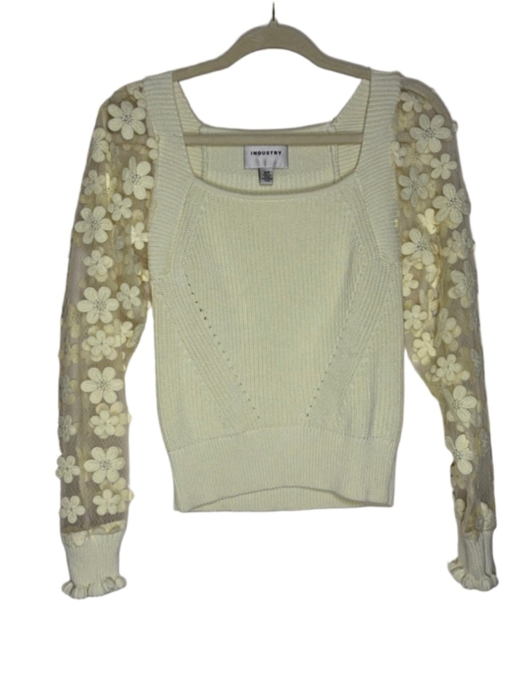 Industry Yellow/Cream Knit Sweater Floral Lace Long Sleeve Square Neck Size S/P